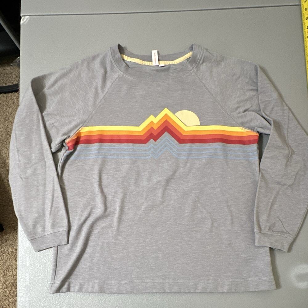 JoySpun Women's Gray Retro Mountain Graphic Crewneck Raglan Fleece Pullover S